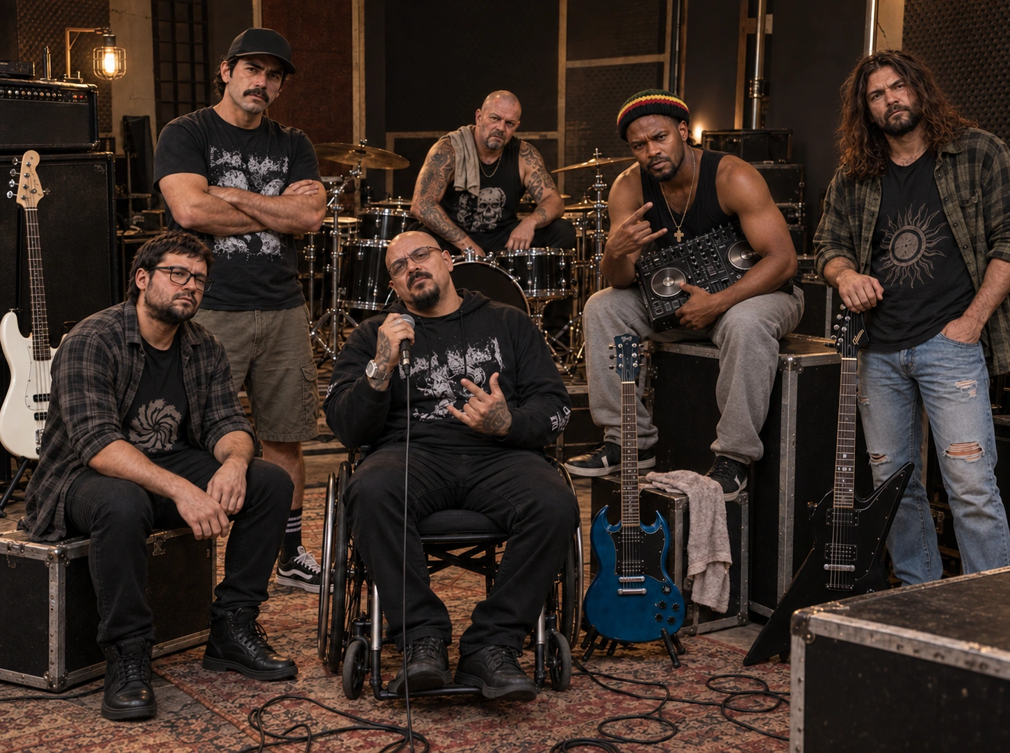 Os seis integrantes da banda, com Bobby sentado ao centro